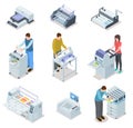 Printing house equipment. Printer plotter, offset cutting machines and people workers. Industrial polygraphy isometric Royalty Free Stock Photo