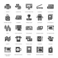 Printing house flat glyph icons. Print shop equipment - printer, scanner, offset machine, plotter, brochure, rubber