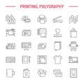 Printing house flat line icons. Print shop equipment - printer, scanner, offset machine, plotter, brochure, rubber stamp Royalty Free Stock Photo