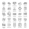 Printing house flat line icons. Print shop equipment - printer, scanner, offset machine, plotter, brochure, rubber stamp Royalty Free Stock Photo