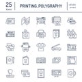 Printing house flat line icons. Print shop equipment - printer, scanner, offset machine, plotter, brochure, rubber stamp Royalty Free Stock Photo