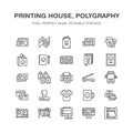 Printing house flat line icons. Print shop equipment - printer, scanner, offset machine, plotter, brochure, rubber stamp Royalty Free Stock Photo