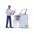 Printing house worker standing at copy machine with photocopy document. Modern polygraphy office Royalty Free Stock Photo