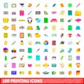 100 printing icons set, cartoon style