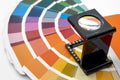 Printing loupe used to examine colour chart concept for color check, analyze quality of output colours of printing and magnifying