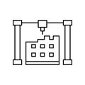 Printing modular city house construction, line icon. Building home from prefabricated panels. Modern prefab fast