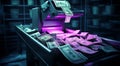 Printing Money Dollars Of Usa Bills On A Print Press Machine In Typography In Neon Light
