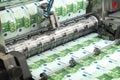 Printing money euro bills on a print machine in typography.. Finance, tax, stock market and investment, making money concept