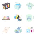 Printing in polygraphy icons set, cartoon style