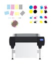 Printing set - printing rosettes, Large inkjet plotter printer and cmyk blots