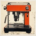 Printmaking-inspired Orange Espresso Machine Artwork