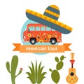PrintMexican bus tour. Cartoon hippie bus on a cactus background.