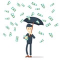 PrintOffice worker character hold umbrella and standing under money rain. Royalty Free Stock Photo