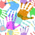 Prints of multicolored hands, gruny seamless pattern with paint splashes, vector Royalty Free Stock Photo