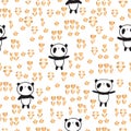 PrintSeamless pattern with cute pandas and golden flowers for gift wrap, kids textile Royalty Free Stock Photo