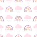 Printseamless vector pattern with rainbows and clouds, trendy baby texture, flat style Royalty Free Stock Photo