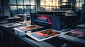 Printshop interior with stack of different broshures and booklets on typography table Royalty Free Stock Photo