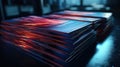 Printshop interior with stack of different broshures and booklets on typography table Royalty Free Stock Photo