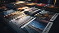 Printshop interior with stack of different broshures and booklets on typography table. Unreadable text. Royalty Free Stock Photo