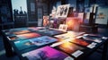 Printshop interior with stack of different broshures and booklets on typography table. Unreadable text. Royalty Free Stock Photo