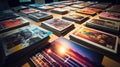 Printshop interior with stack of different broshures and booklets on typography table. Unreadable text. Royalty Free Stock Photo