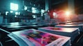 Printshop interior with stack of different broshures and booklets on typography table. Unreadable text. Royalty Free Stock Photo