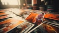 Printshop interior with stack of different broshures and booklets on typography table. Unreadable text. Royalty Free Stock Photo