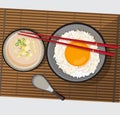 PrintTamago Kake Gohan, Rice with raw egg and Miso soup with tofu, Vector illustration