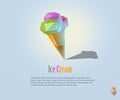 PrintVector polygonal illustration of ice cream on waffle cone, modern food icon, low poly style