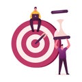 Priorities Organize. Businessmen Characters Sit on Huge Target with Arrow in Bullseye and Hold Hourglass Royalty Free Stock Photo