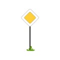 Priority traffic sign of main road in shape of rhombus. Flat vector design for infographic poster, mobile app