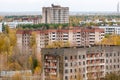 Pripyat city exclusion zone from the high empty abandoned building. Autumn time. Chernobyl, Ukraine