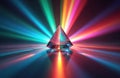 Prism refracting light spectrum. Crystal triangular shape reflects colourful rays. Geometric figure shines with radiant beams of Royalty Free Stock Photo