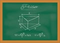 Prism. Sketch of geometric figure and formulas for calculating its surface area and volume drawn on chalkboard Royalty Free Stock Photo