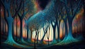 Prismatic Paintbrush Trees in a Colorful Fiber Forest. A Surreal Illustration for Your Imagination