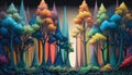 Prismatic Paintbrush Trees in a Colorful Fiber Forest. A Surreal Illustration for Your Imagination