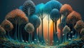 Prismatic Paintbrush Trees in a Colorful Fiber Forest. A Surreal Illustration for Your Imagination