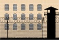 Prison building behind barbed wire