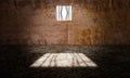 Prison cell. Escape from a penitentiary window. 3d render. Brick floor and concrete wall. Window bars. Detainees and surveillance