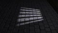 Prison cell, inside a prison cell. Shadows projected on the ground, cell window