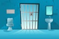 Prison cell interior with lattice, grid door, toilet bowl, washbasin and broken mirror, dirty walls. Jail room. Cartoon 