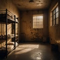 PRISON CELL INTERIOR WITH THREE BEDS TWO GRILLED WINDOWS Royalty Free Stock Photo