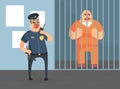 Prison Cell with Prisoner in Orange Uniform and Police Officer, Police Department Interior Vector Illustration