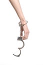 Prison and convicted topic: man hands with handcuffs isolated on white background in studio, put handcuffs on killer Royalty Free Stock Photo