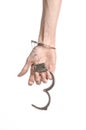 Prison and convicted topic: man hands with handcuffs isolated on white background in studio, put handcuffs on killer Royalty Free Stock Photo