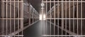 Prison corridor, jail cell and open metal bars door, empty dark facility interior, 3d render Royalty Free Stock Photo