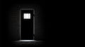 Prison dark background. Metal door to barred window and brick wall. Jail cell room interior. Concept design for quest, escape