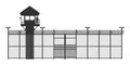 Prison fence on white background. Black silhouette of jail exterior with steel grid. Isolated gate. Industrial scene