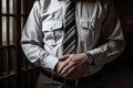 A prison guard guards prisoners in the cells of a maximum security prison. The warden in the prison will do his job Royalty Free Stock Photo