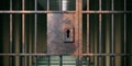 Prison interior. Locked rusty door closeup, dark background. 3d illustration Royalty Free Stock Photo